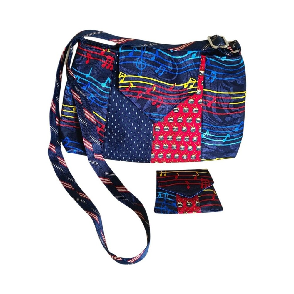 handmade upcycled silk neck music-themed necktie handbag and matching coin purse